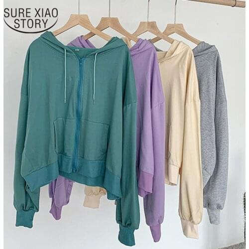 Pure Cotton 2021 Spring New Korean Version Lazy Style Hooded Long Sleeve Coats Loose Top Womens Ins Chic Sweatershirt 12678