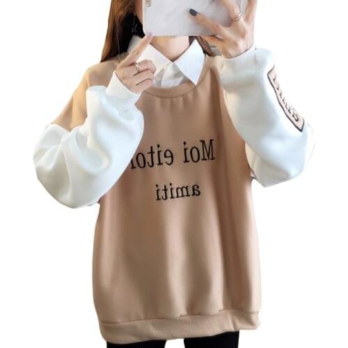 2020 New Winter Fake Two-piece Ladies Sweatshirt Plus Velvet Thickening Korean Version Loose Lazy Letter Stitching Girl Pullover