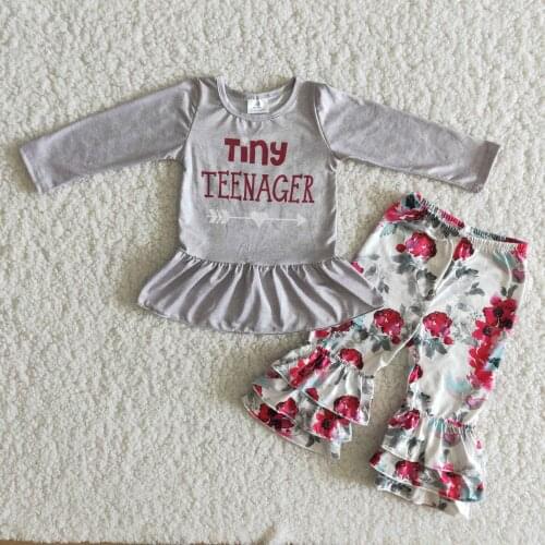 2021 New Baby Girls Clothes Set Letters Print Long Sleeve Floral Bell-Bottom Pants Toddler Kids Wear
