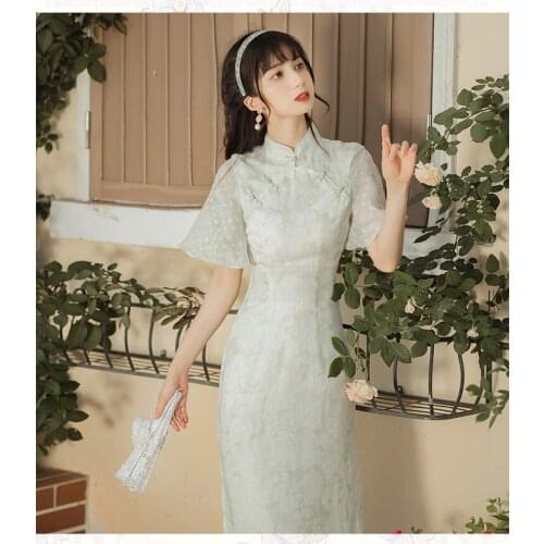 Summer New Womens Modified Cheongsam Retro Waist Split Long Skirt Dress