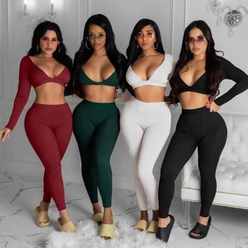 Solid Slim Casual 2Piece Sets Women Long Sleeve V-Neck Crop Top Leggings Tracksuit Female Workout Ribbed Matching Suits 2021 New