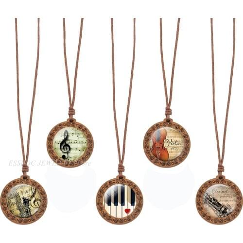 Music Notes Necklace Vintage Wooden Pendant Glass Cabochon Jewelry Violin Piano Musical Instruments Necklaces Musician Gift