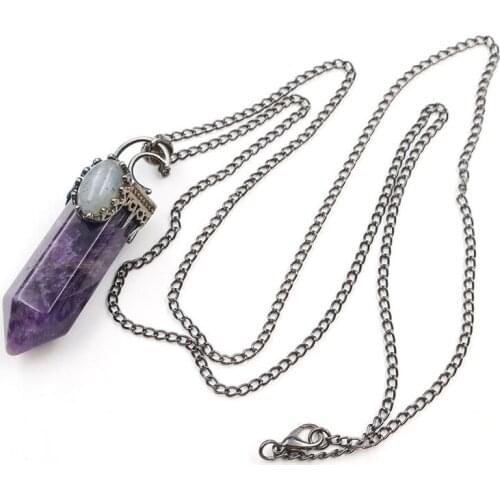 Natural Stone Crystal Pendants Semi-Precious Necklace Half Moon Pendant Antique Silver Color Hexagon Column Suspension