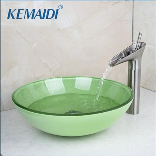 KEMAIDI Green Round Tempered Glass Wash Basin Vessel Sink With Nickel Brushed Bathroom Faucet Glass Sink Set &Pop Up Drain