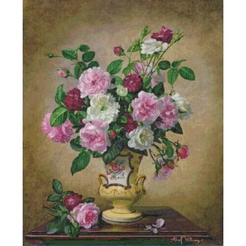 Rose vase pink white cross stitch package big bloom 18ct 14ct 11ct cloth cotton thread embroidery DIY handmade needlework