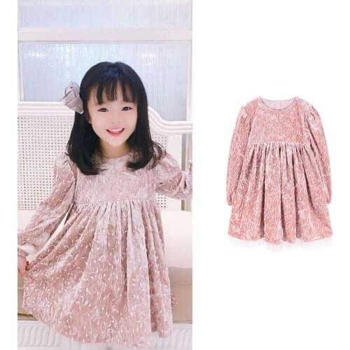 Girls' Silver Velvet Princess Style Mesh Lace Long Sleeve Velvet Dress Pink Dress with Party Dress