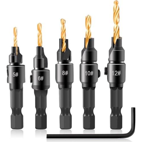6pcs Woodworking Countersink Drill Bit High Carbon Steel Titanium Plated Chamfering Hex Shank Drill Bit with L-shape Wrench