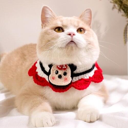 Sweet Crochet Mickey Cat Accessories for Christmas Woolen Kitten Collar Bandana Manual Pet Necklace Scarf for Small Dogs Gifts
