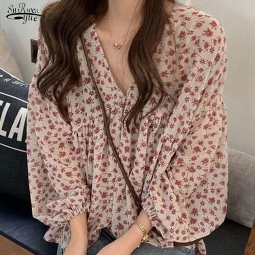 V-neck Chiffon Shirt Women Sweet Tops Blouse 2021 Summer New Korean Floral Print Long Sleeve Casual Loose Lady Clothes Chic 9307