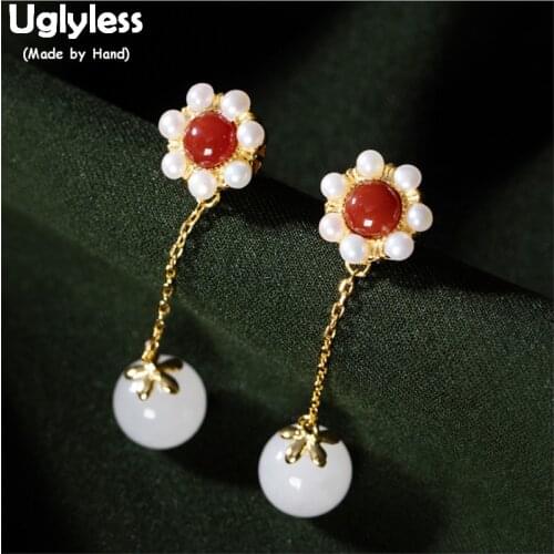 Uglyless Like a Sunflower Pearls Flower Earrings Women Real 925 Sterling Silver Brincos Jewelry Nature Jade Balls Earrings E1405