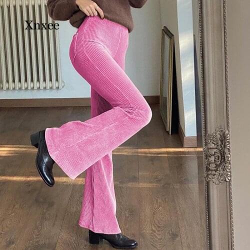 Corduroy Flared Legs Pants Women High Waist Slim Stretchy Boot Cut Pants Harajuku Joggers Party Clubwear Spring Fall Trousers