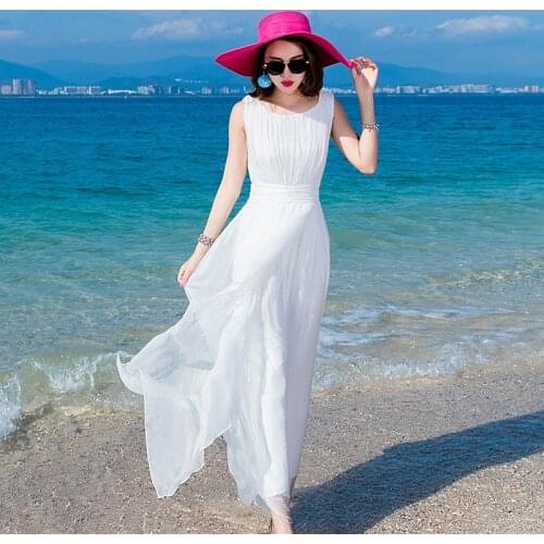 2021 Summer Slim High Waist Silk Pure Color Bohemian Seaside Vacation Travel Mulberry Silk Beach Skirt Maxi Dresses for Women