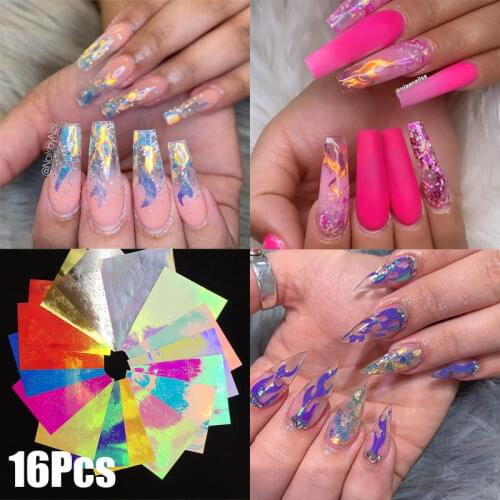 16pcs Flame 3D Nail Stickers Set Foil Transfer Decals Laser Holographic Fire Hollow Designs Tips Nail Art Decorations Manicure