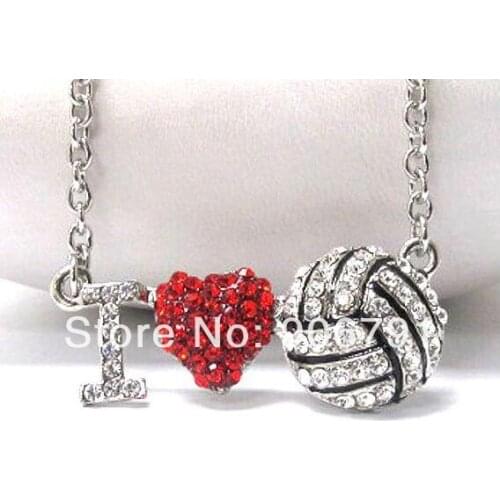 30pcs 1lot alloy silver plated red heart with i love volleyball l sport series pendant necklaces