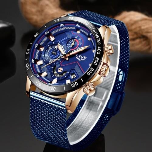 2020 New LIGE Blue Casual Mesh belt Fashion Quartz Gold Watch Mens Watches Top Brand Luxury Waterproof Clock Relogio Masculino