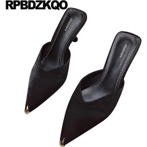 Designer pointed toe pumps metal medium heels scarpin mules slipper chic sandals black size 4 34 high women ladies kitten shoes