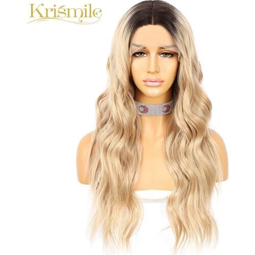 Krismile Long Wavy Synthetic Lace Wigs T Part Ombre Blonde Middle Part Wig High Temperature Party Cosplay Daily for Women Wear
