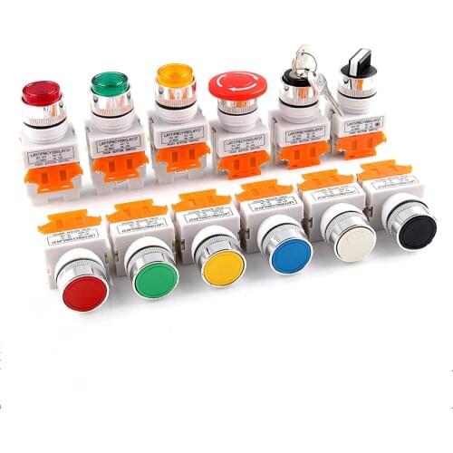 22mm LAY37 Y090 Mushroom Head Emergency Stop RotationReset Self Lock Push Button Switches Red Blue Green 1NO 1NC 10A250VAC