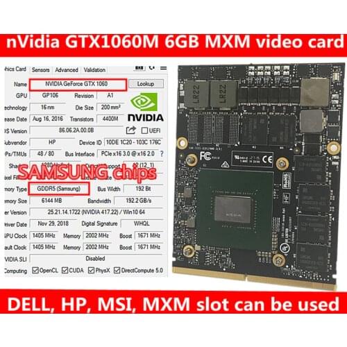 New Original nVidia GeForce GTX 1060M GTX1060M video card with X-Bracket N17E-G1-A1 6GB GDDR5 MXM For Dell Alienware MSI HP