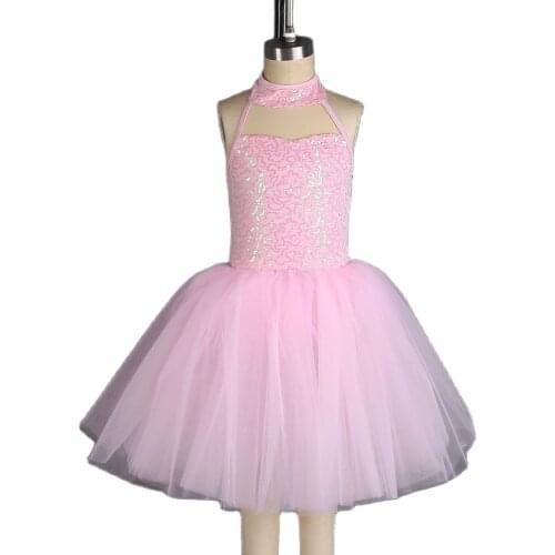 20051 New pink sequin spandex bodice ballet tutu halter neck dance costume ballet tutu girl & women dance tutu