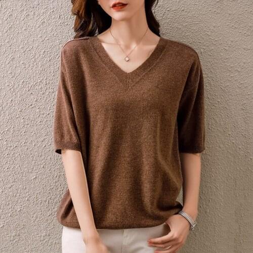 New Womens Pullover 100% Pure Wool Sweater Spring Autumn Basic Jumper For Female Soft Shirt V-Neck Short Sleeve Girl Clothes