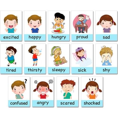 14pcs Kids English Learning Cards Cartoon Emotion Flash Card for Children Baby Early Educational Memory Game Toys
