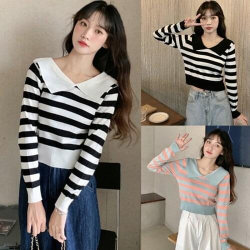 Striped Knitted Sweater ​Women Casual Autumn High Elastic Long Sleeve Pullover