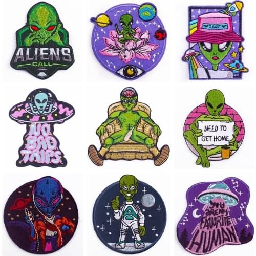 Aliens Patch Iron On Patches For Clothes UFO Fabric Stickers Stripe Applique Badge Embroidery Sew On Clothes Backpack Decor Diy