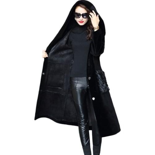 2020 Shearling Coats Women Real Wool Fur Coat Hooded Winter Long Female Jacket Natural Mink Fur Pocket Outerwear OSN800C
