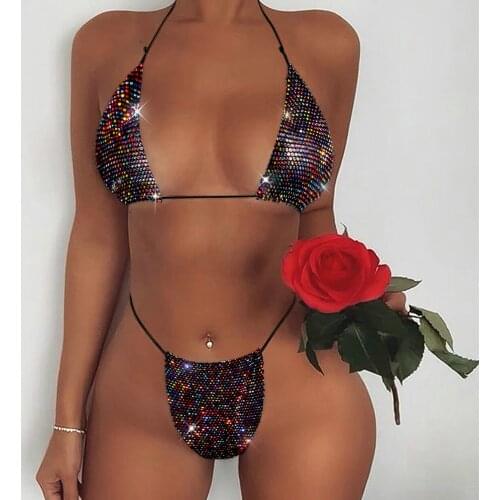 Sexy micro Thong 2 piece bikini cover push up swimwear women swimsuit Low waist bathing suit Rhinestone summer bikinis set 2021