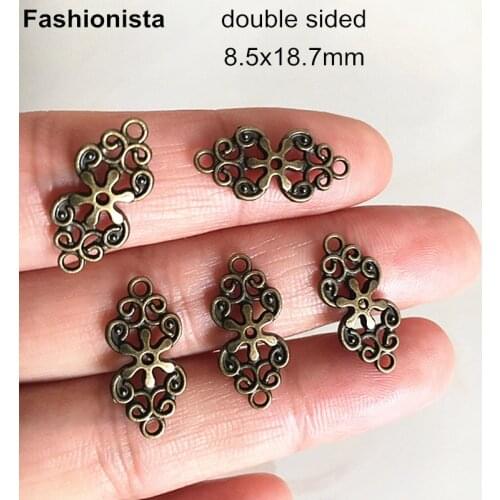 100 pcs - Double Sided Metal Filigree Jewel Connectors 8.5x18.7mm Antique Bronze Scroll Flower Pattern -E