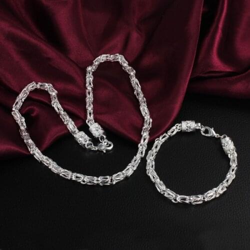 High quality classic 925 sterling Silver 6MM geometry chain necklace bracelet for man women Jewelry set fashion Party gifts