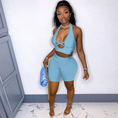 Active Halter Backless Crop Top and Bodycon Shorts Matching Sets Lace Up Solid Summer 2021 Skinny Two Piece Set Casual Sporting