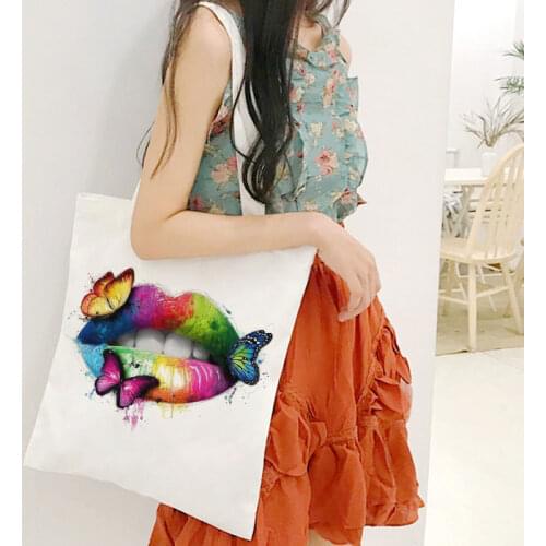 Color Butterfly Lips Print Tote Harajuku Ulzzang Women Shoulder Canvas Bags Summer Funny Print Streetwear Chic Casual Crossbody