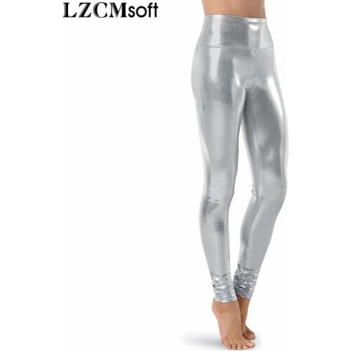 LZCMsoft Silver Women Shiny Metallic Dance Leggings High Waisted Full Length Pants Lycra Skin Pencil Trousers Stage Performance