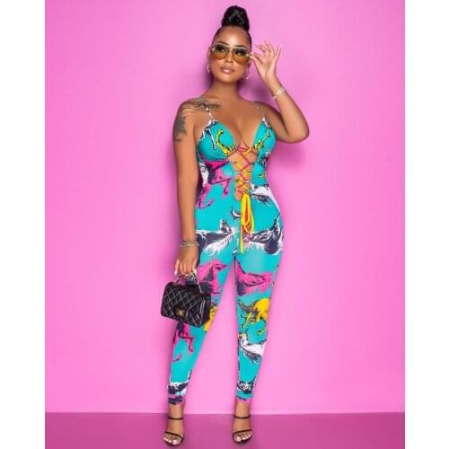 2021 High Quality New Design Jumpsuits Print Bandage Spaghetti Strap Summer Sexy Club Bodycon Rompers