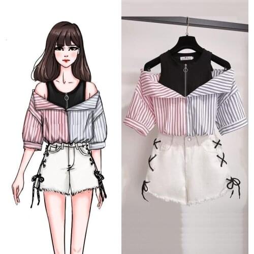 Plus Size 2 Pieces Shorts Sets Summer Sweet Korean Off Shoulder Tops And Shorts 2 Pieces Sets Women Clothing Two Pieces Outfits
