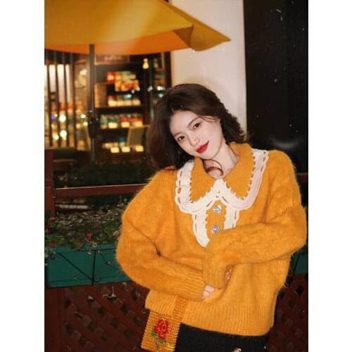 Vintage Sweaters Women Peter Pan Collar Full Sleeve Korean Pullovers 2022 Autumn New Orange Elegant Knitwear Female CX2220