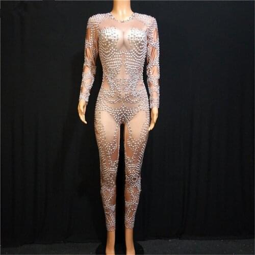 X27 Female Elastic pearl bodysuit singer pole dance stage costumes proom wears jumpsuit party catwalk outfits dj dress clothe ds