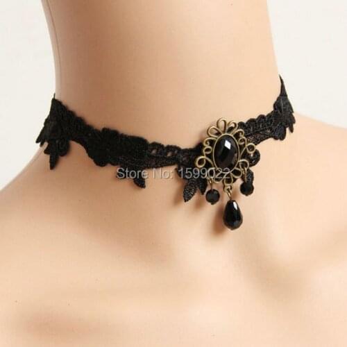 Elegant Retro Gothic Prom Black Lace Tattoo Women Choker Necklace Rhinestone Pendant Chic Bridal Wedding Party Neck Accessories