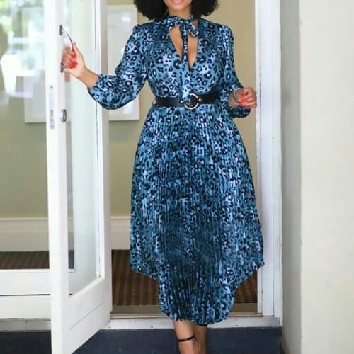 Leopard Print Dress Women Pleated High Waist Full Sleeve Mid Calf Fashion Elegant Evening Night Party Vestidos Dress Midi 2021