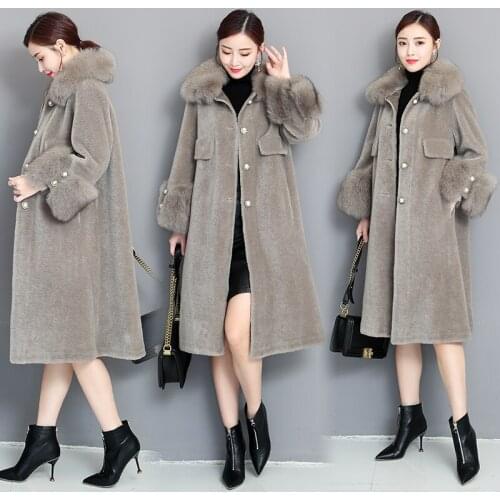 Women winter faux fox fur collar warm artificial sheep fur cashmere fabric medium long coat casacos abrigos plus size MLXLXXL4XL