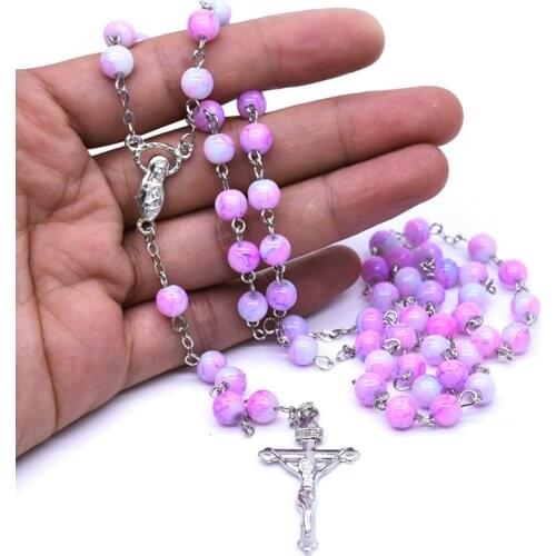 1PC Gradient Purple Religious Rosary Round Beads Cross Virgin Mary Fashion Pendant Necklace For women