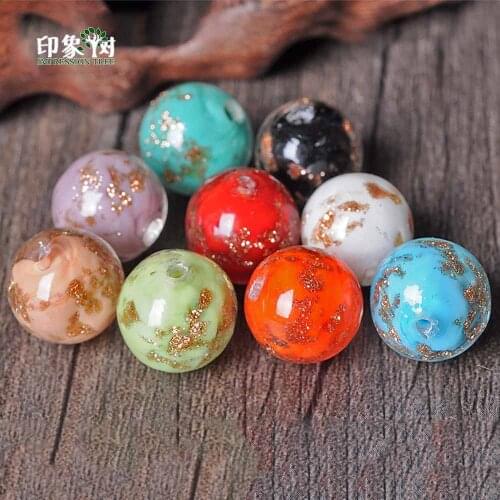10pcs 12mm Gold Sand Loose Spacer Glass Beads Handmade Lampwork Flower Round Beads Multi Color For DIY Jewelry Components Making
