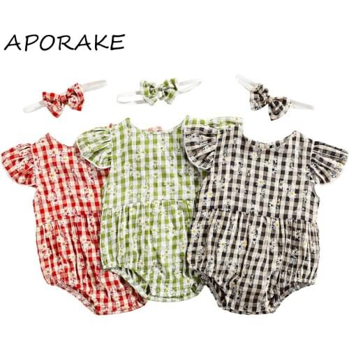2021 0-24M Cute Infant Baby Girl Playsuit+Headband Summer New Floral Plaid Print Fly Sleeve O Neck Romper Cotton 2pcs