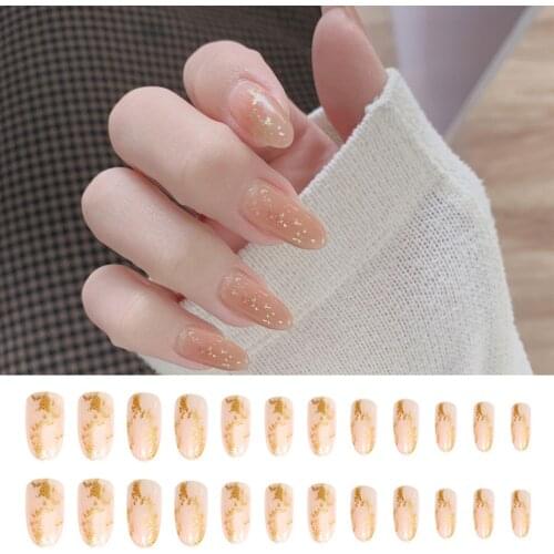 24pcs Full Cover False Nails Frech Nail Art Nail Tips Shell Gold Leaf Fake Nails With Jelly Glue Manicure Tool