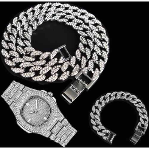 3pcs Kit Hip Hop Iced Out 15MM Paved Rhinestones Miami Cuban Necklace+Watch+Bracelet CZ Bling Rapper Necklaces For Man Jewelry