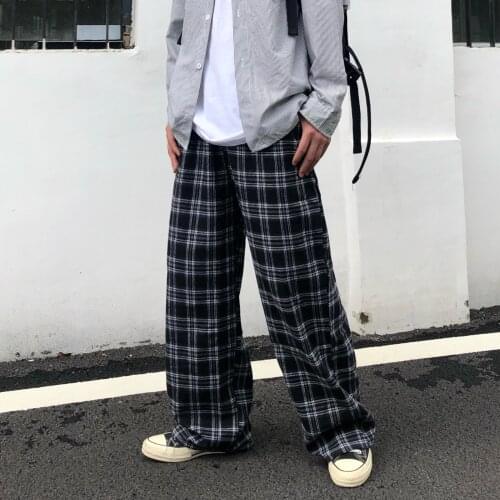Wide Leg Pants Mens Large Korean Version Of Summer Chic Fashion Black Plaid Trousers High Waist Pocket Men And Women Streetwear