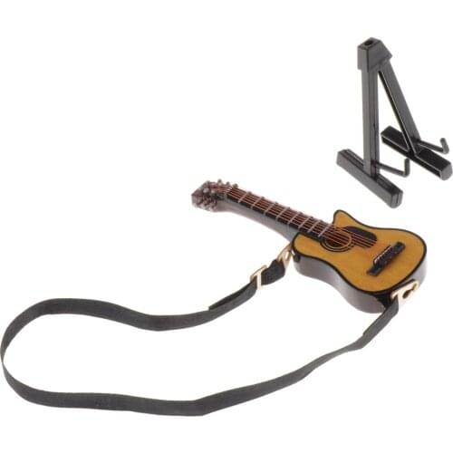 1:12 Dollhouse Artist Offerings Decoration - Mini Wooden Guitar with Stand & Box Gift - Realistic Musical Instrument Model
