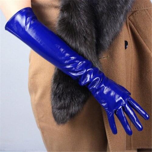 Patent Leather Long Gloves Long Simulation Leather PU Leather Gloves Mirror Bright Leather Bright Dark Blue 60cm TBBL07